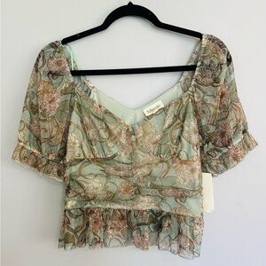 Meraki Women's Floral Green Ruched Crop Top Sheer Overlay Feminine Fairy Peasant